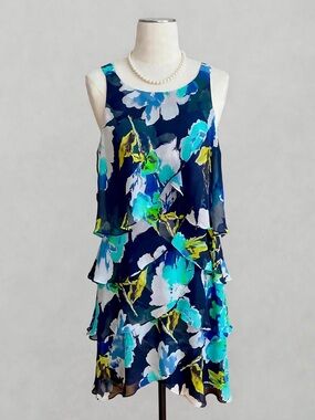 Navy Blue Watercolor Floral Chiffon Tiered Ruffle Dress 18W